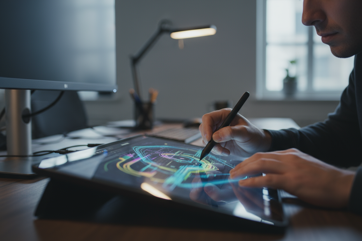 Foto ravvicinata di un operatore che controlla una grafica su schermo o su tablet grafico.