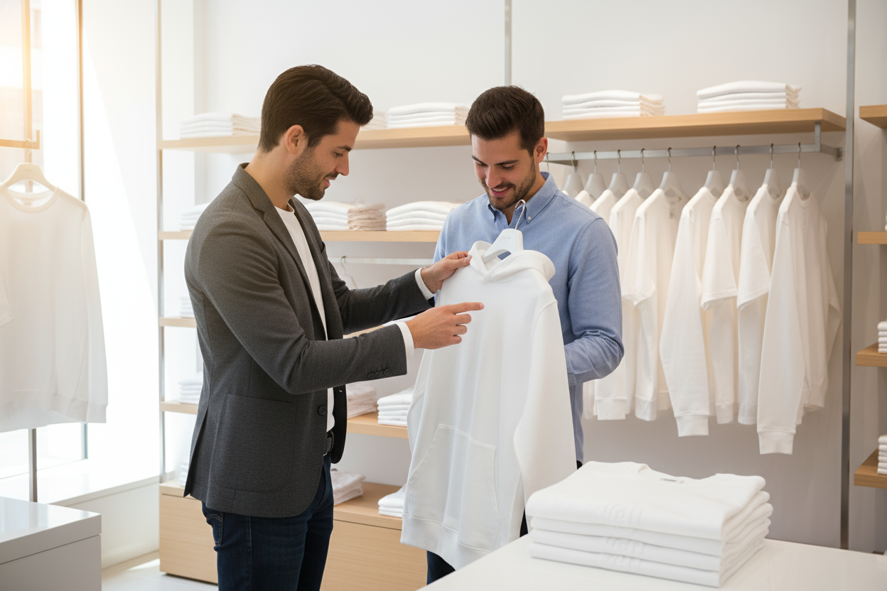 immagine di uomo che assiste un cliente nella scelta dell'abbigliamento. Felpe e maglie bianche