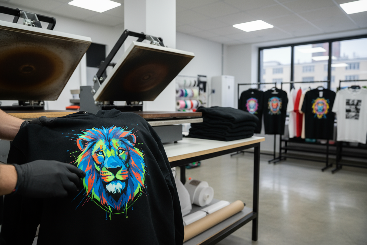 Operatore che utilizza la termopressa e piega una felpa appena stampata.