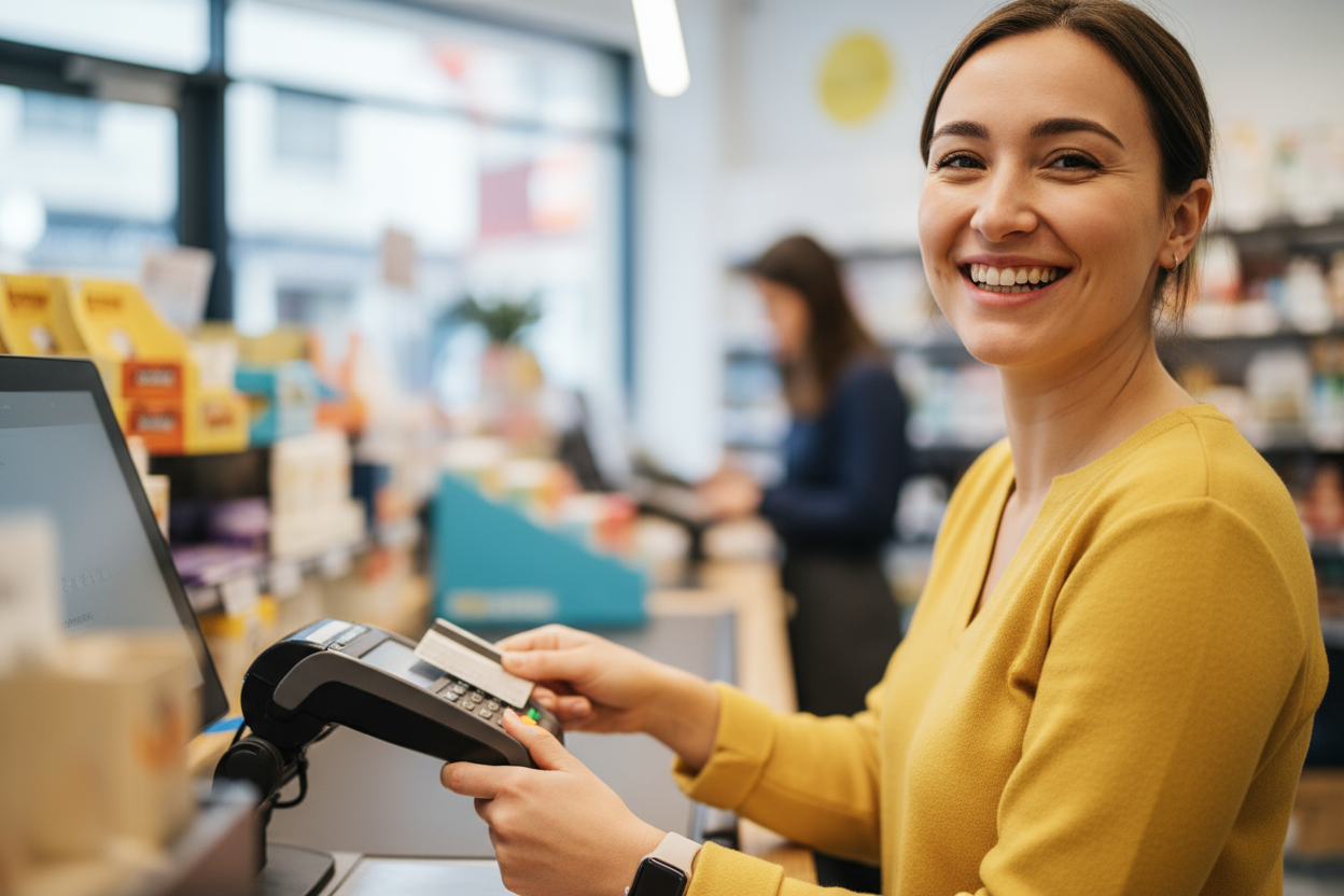 persona in cassa che paga felicemente, primo piano