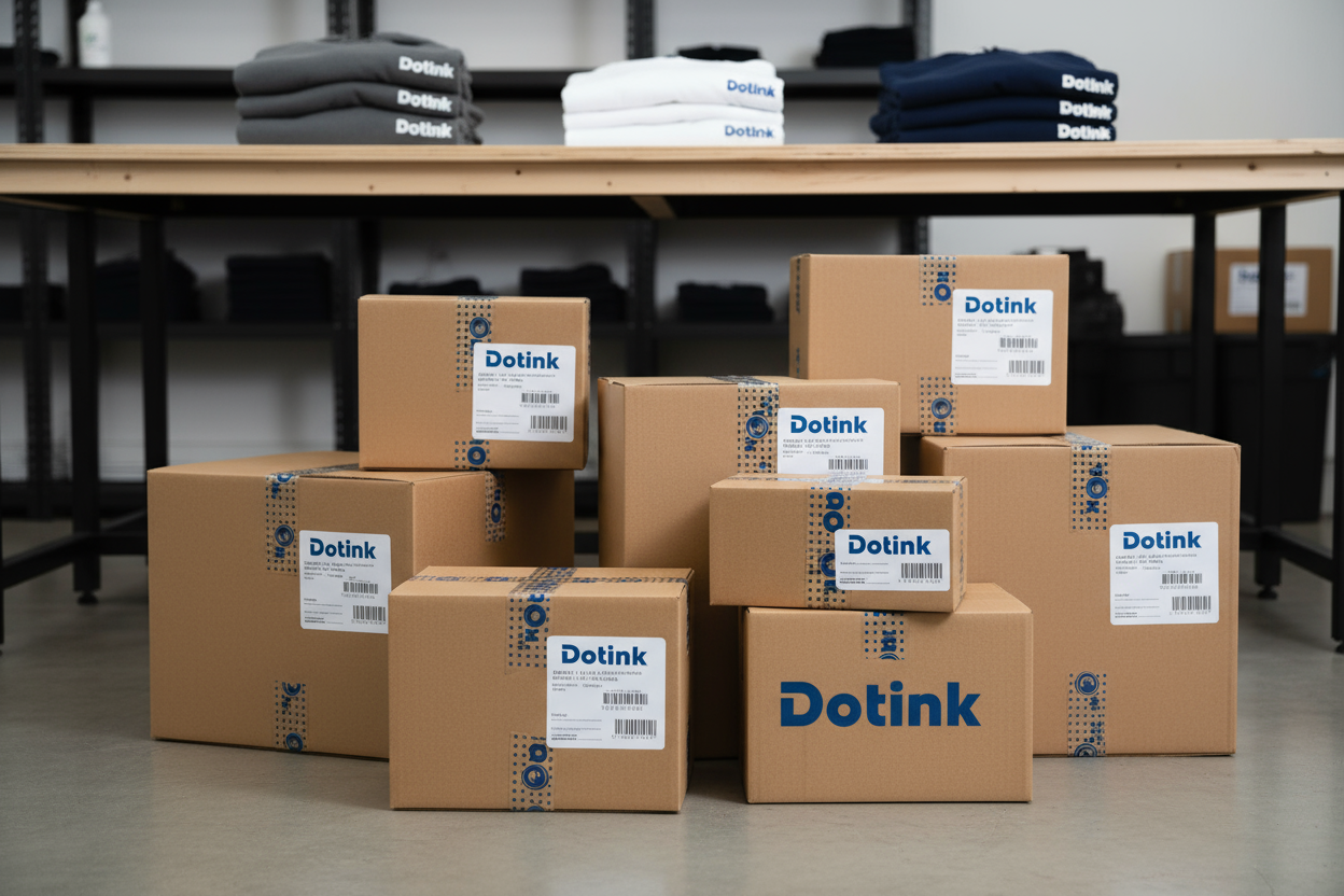 Scatole pronte per la spedizione con etichette o nastro brandizzato con Logo Dotink. Sullo sfondo banco con magliette e felpe piegate