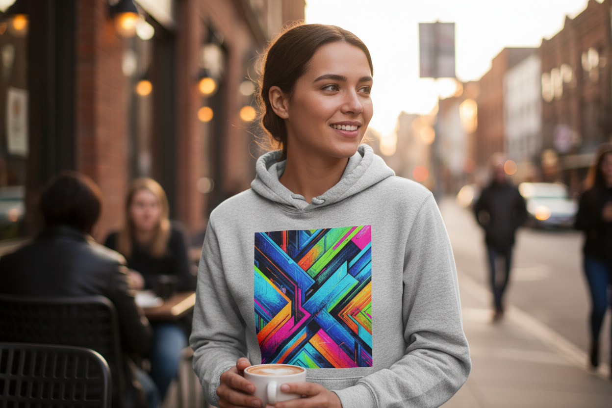 Scatto lifestyle di un modello o cliente che indossa un capo personalizzato con stampa dtf